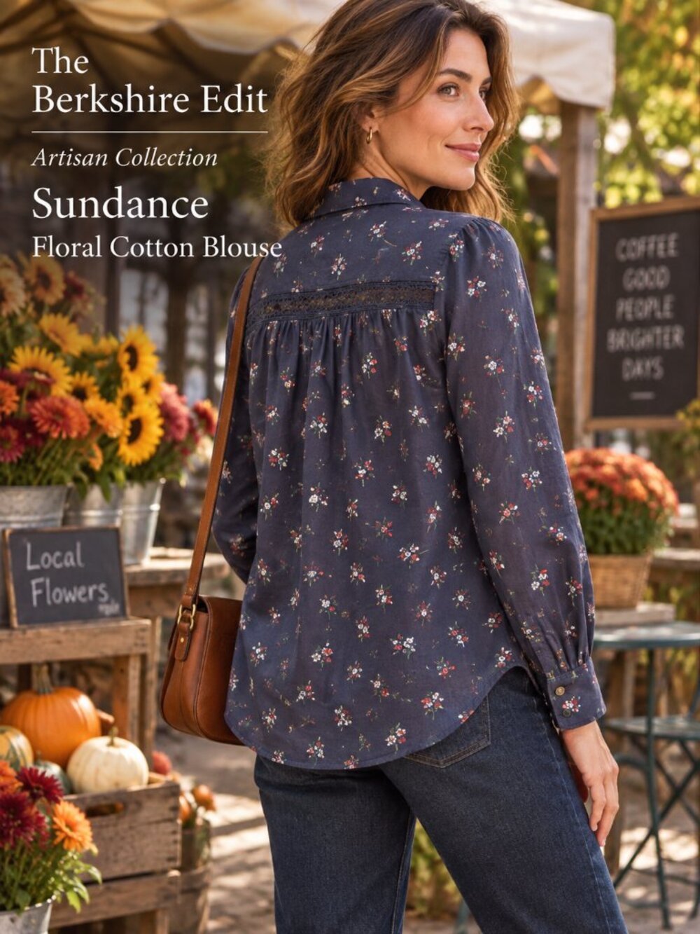 Sundance Floral Cotton Blouse PL Petite Large Navy Crochet Lace Boho Button Up